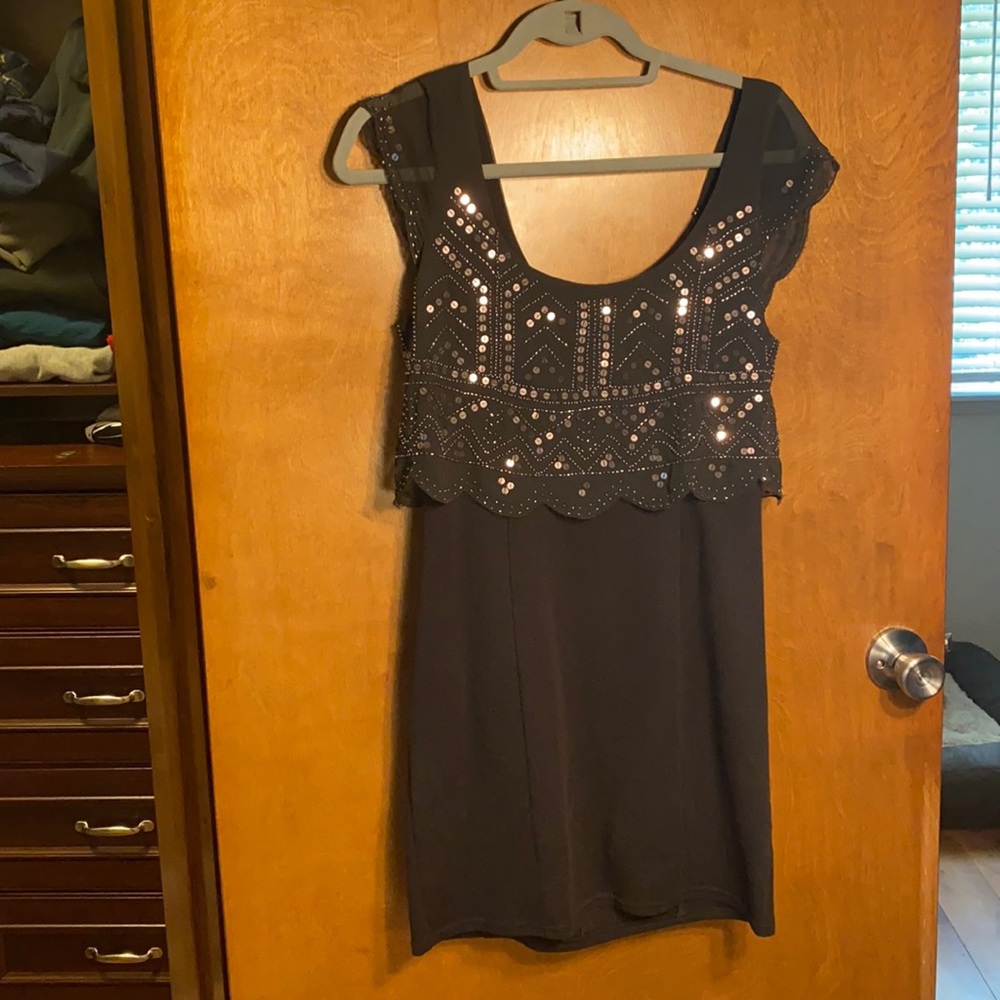 AEO Beaded Top Overlay Navy Cocktail Dress
